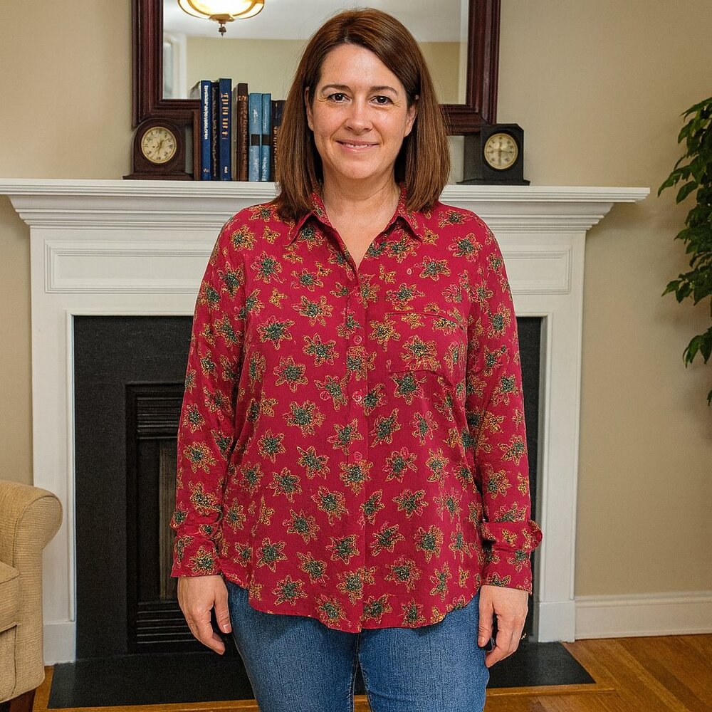 Jaspe Floral Button Down Blouse L NWT Rayon Fall Boho Cottagecore Harvest Tones